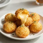 A plate of golden-brown mini macaroni and cheese bites with a crunchy cracker crust