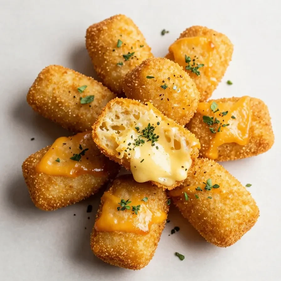A plate of golden-brown mini macaroni and cheese bites with a crunchy cracker crust