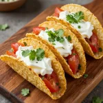 Mini taco cups filled with ground beef, cheese, and fresh toppings on a wooden table
