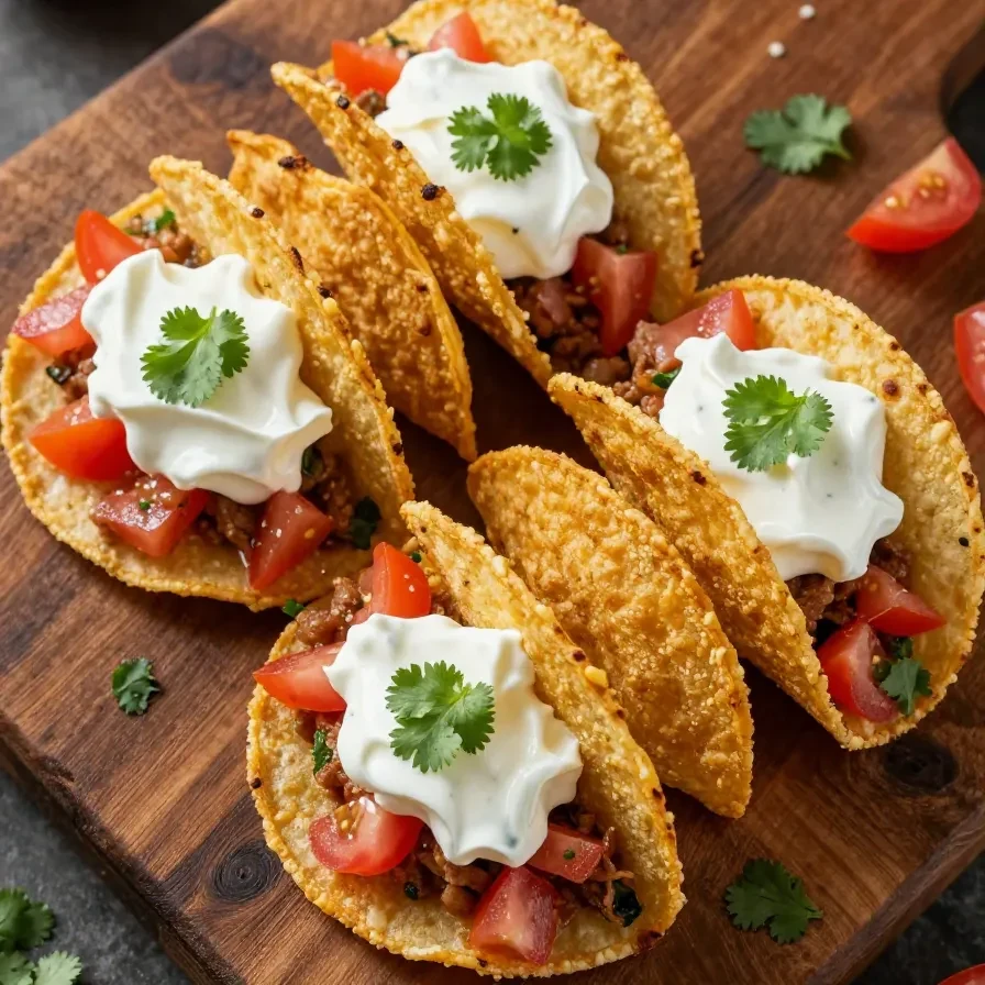 Mini taco cups filled with ground beef, cheese, and fresh toppings on a wooden table