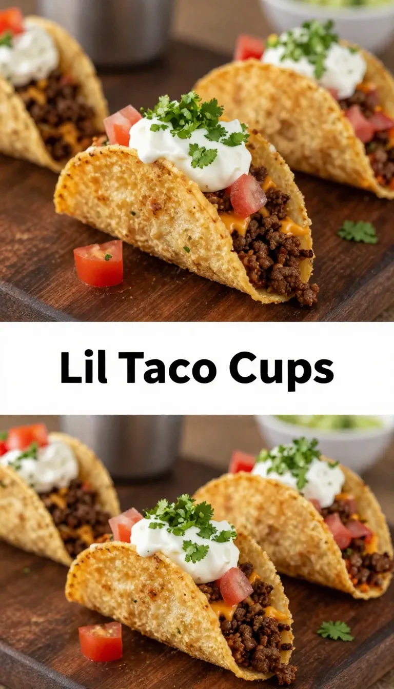 Mini taco cups filled with ground beef, cheese, and fresh toppings on a wooden table