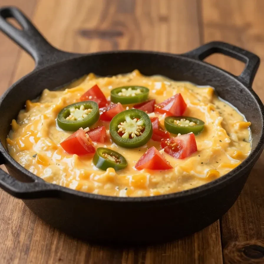 A creamy and cheesy cowboy queso dip served with tortilla chips