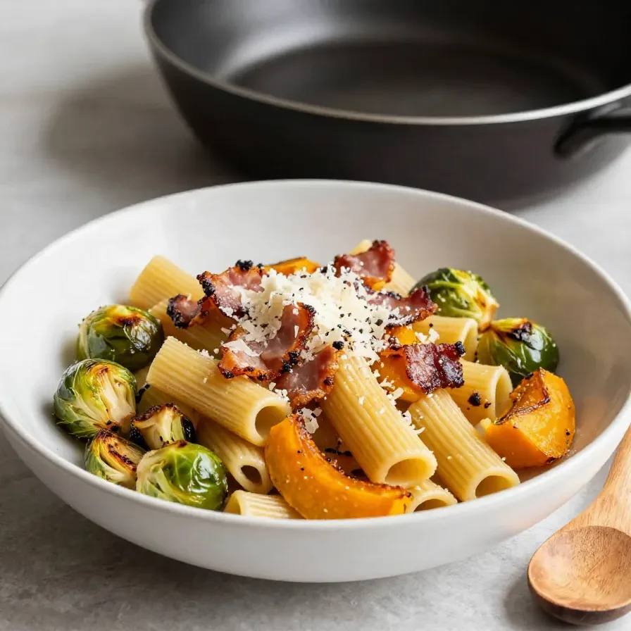 A plate of pasta topped with roasted Brussels sprouts and butternut squash