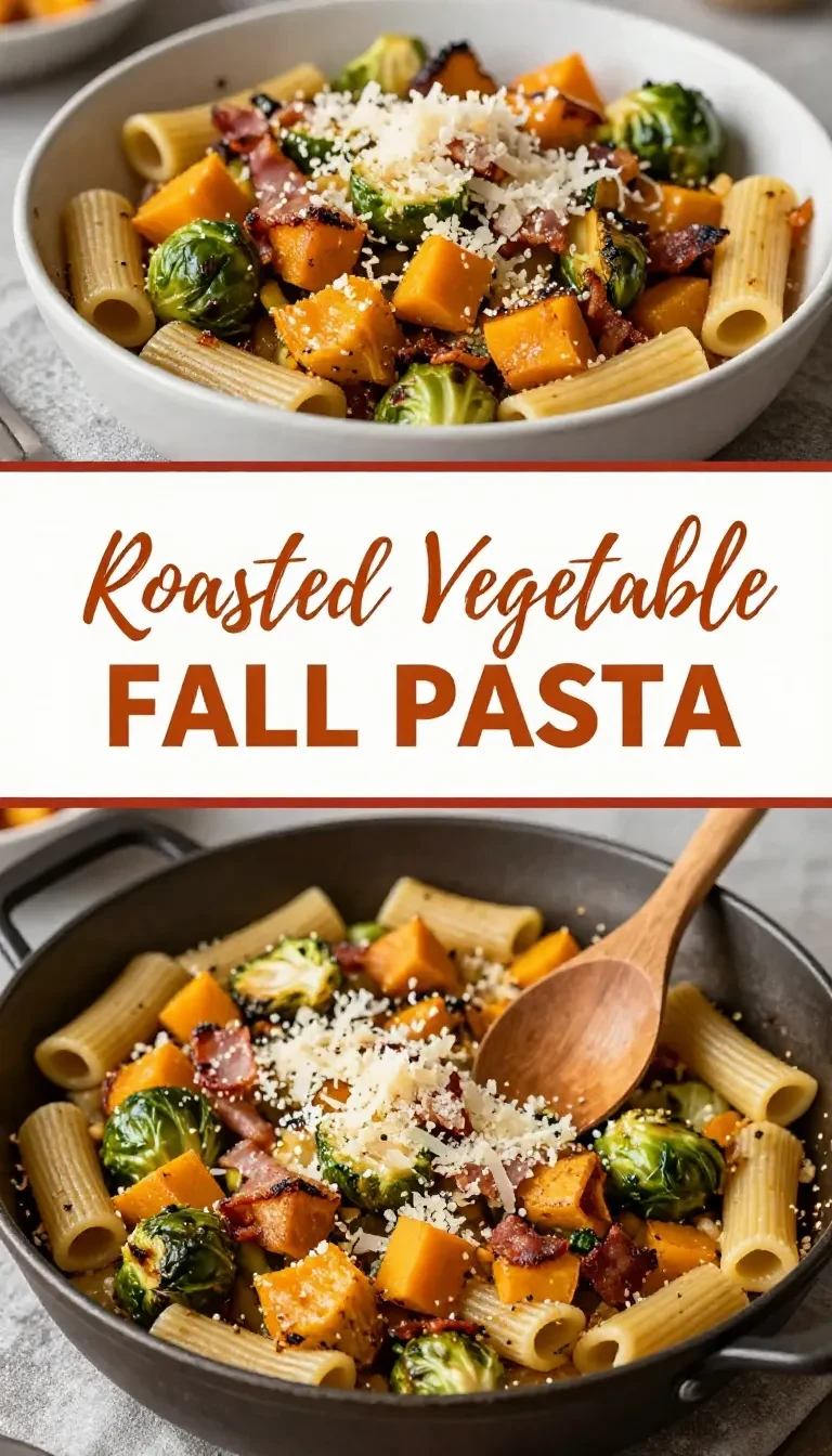 A plate of pasta topped with roasted Brussels sprouts and butternut squash