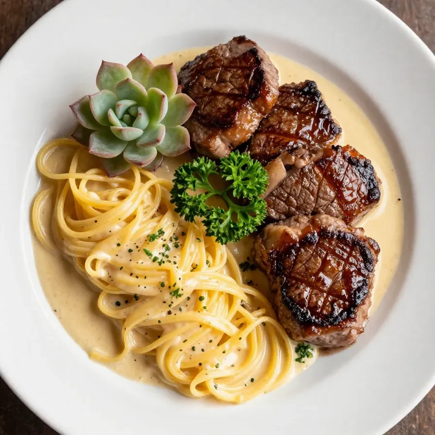Delicious creamy garlic butter steak bites served with pasta on a plate