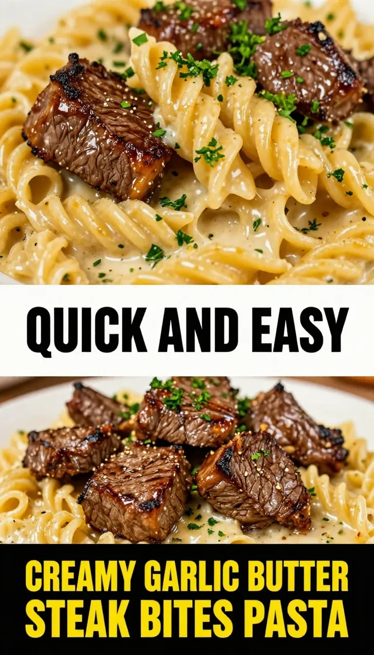 Delicious creamy garlic butter steak bites served with pasta on a plate