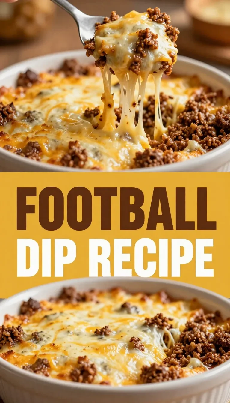 A delicious football dip served in a bowl, surrounded by chips and fresh vegetables.