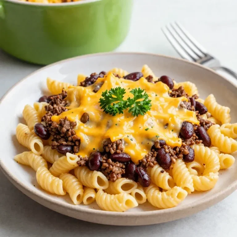 Chili Mac A delicious bowl of chili mac topped with shredded cheese and fresh herbs