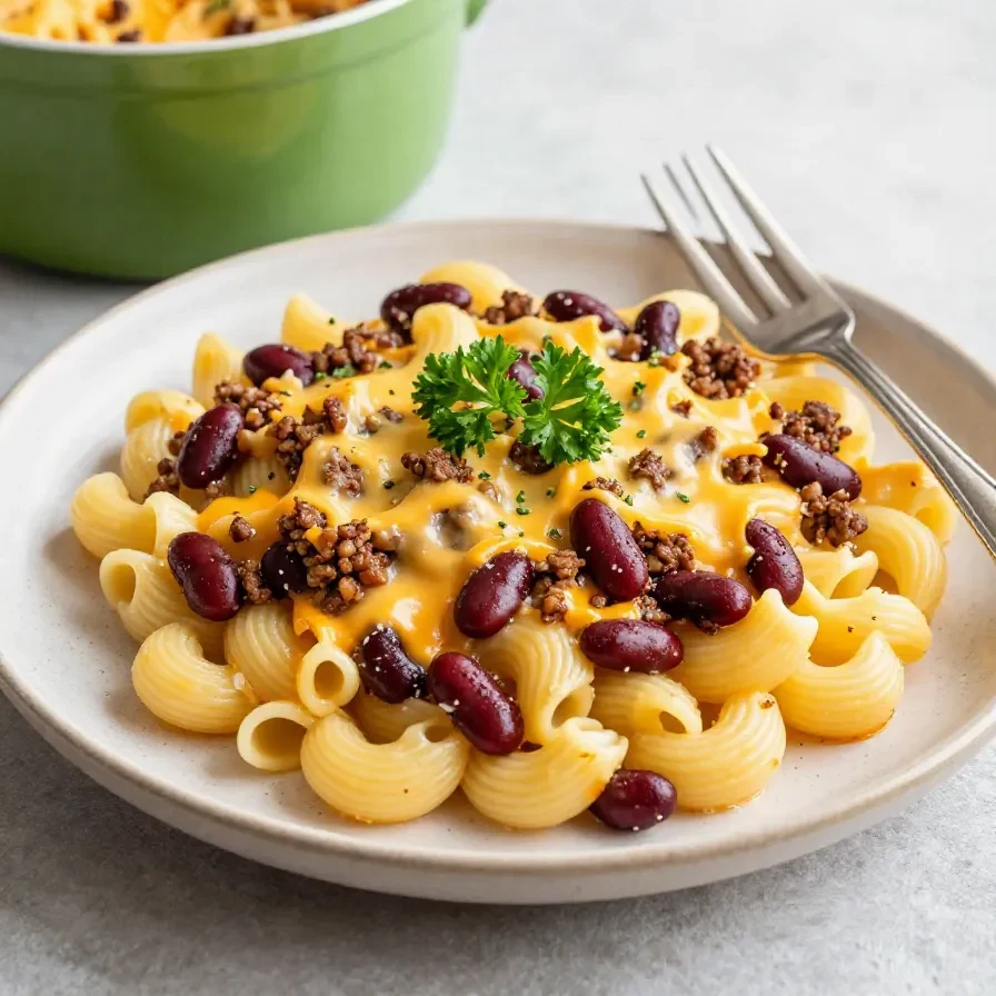 A delicious bowl of chili mac topped with shredded cheese and fresh herbs