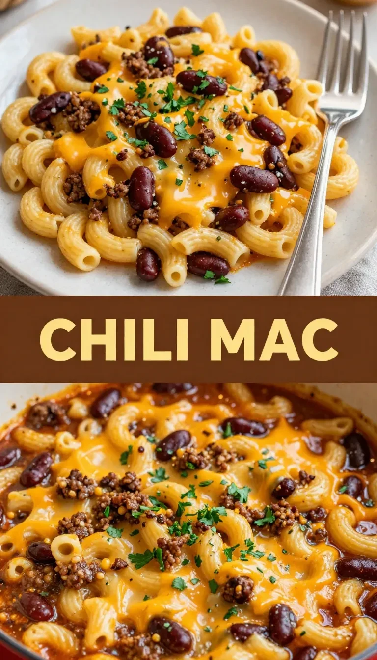 A delicious bowl of chili mac topped with shredded cheese and fresh herbs
