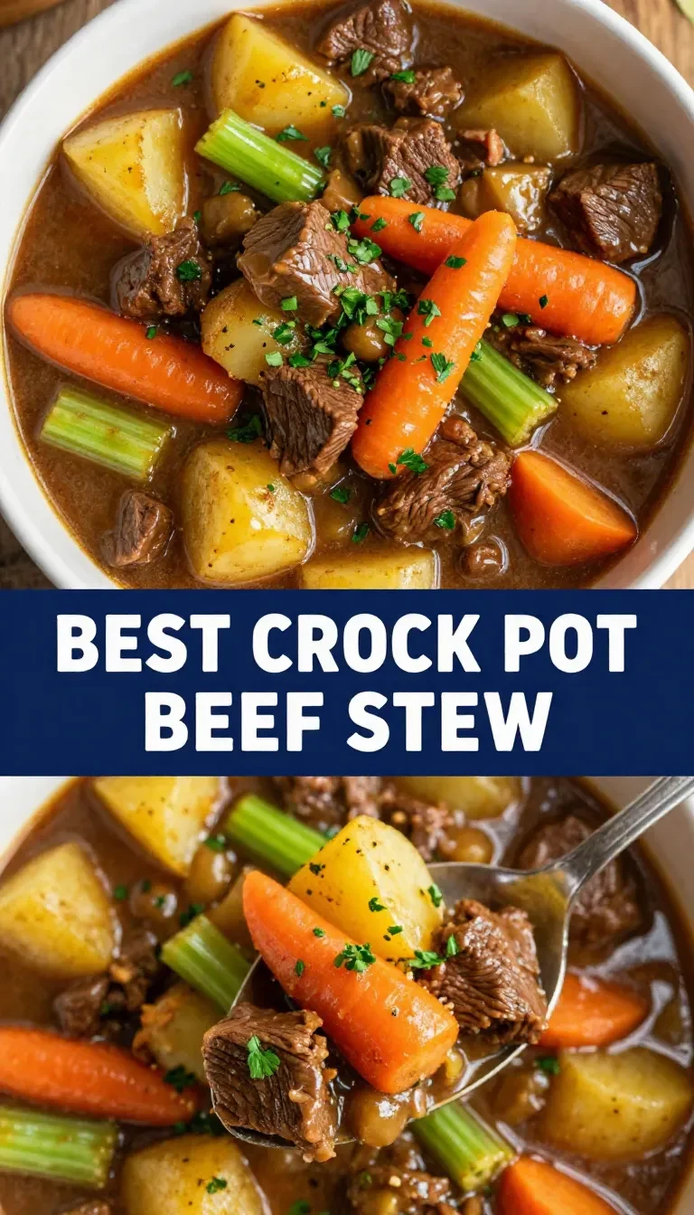 A hearty bowl of crock pot beef stew filled with vegetables and tender beef chunks