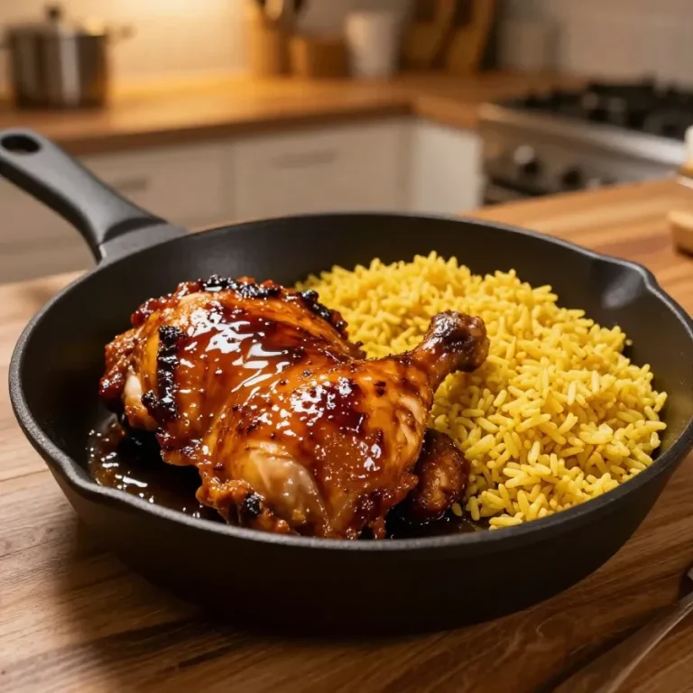Easy Honey BBQ Chicken And Rice Delicious honey BBQ chicken served on a bed of fluffy rice with colorful vegetables