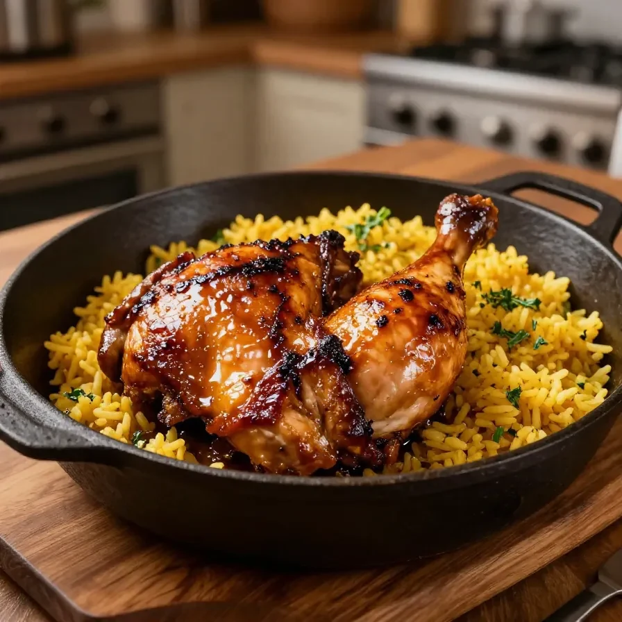 Delicious honey BBQ chicken served on a bed of fluffy rice with colorful vegetables