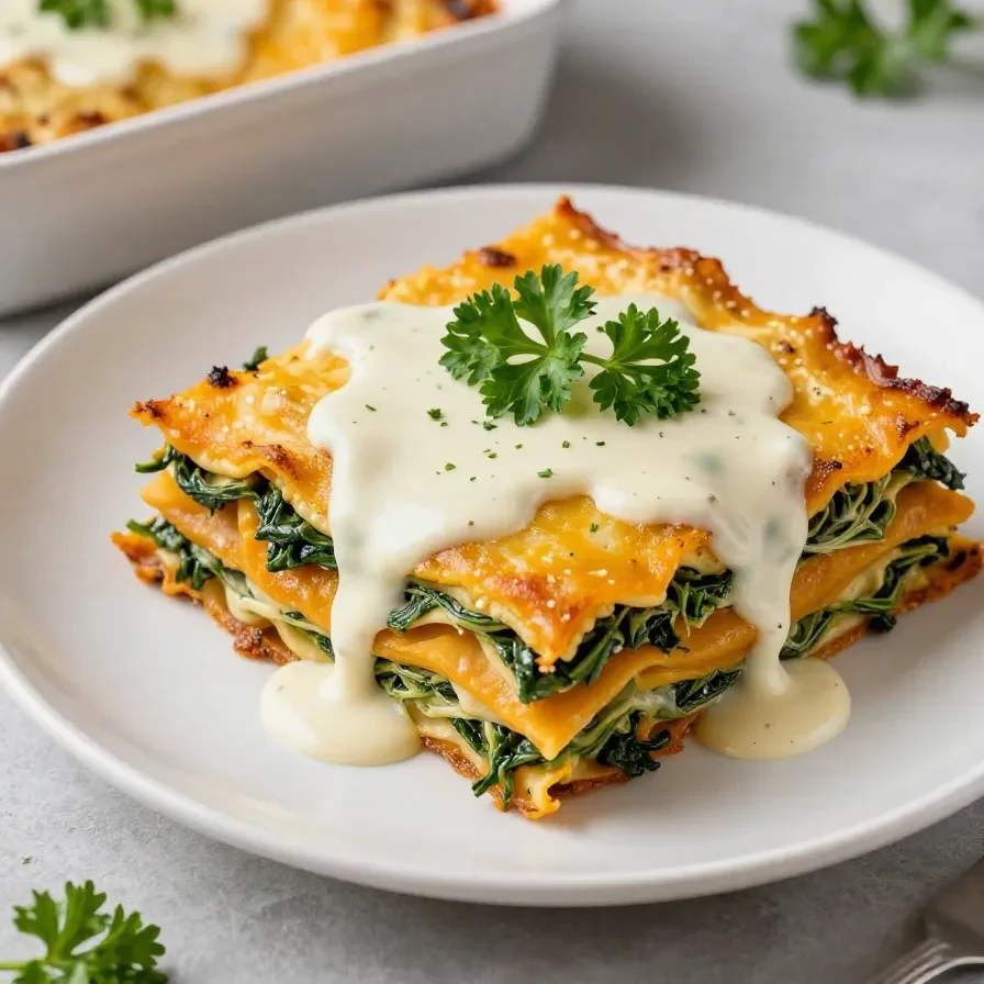 A delicious serving of healthy pumpkin spinach lasagna topped with fresh herbs