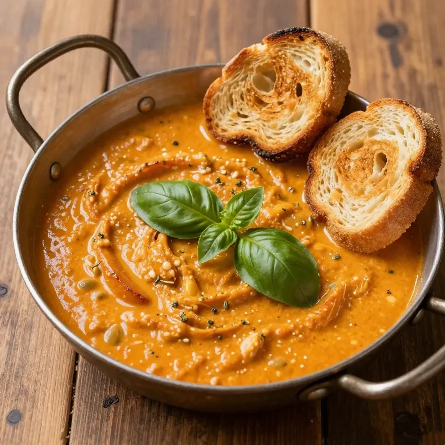 A bowl of creamy vegan tomato white bean stew garnished with fresh herbs and served with crusty bread