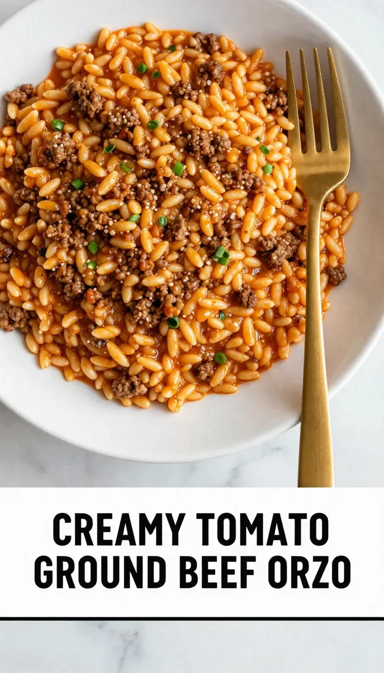 A delicious bowl of ground beef orzo topped with tomato cream sauce and garnished with fresh herbs