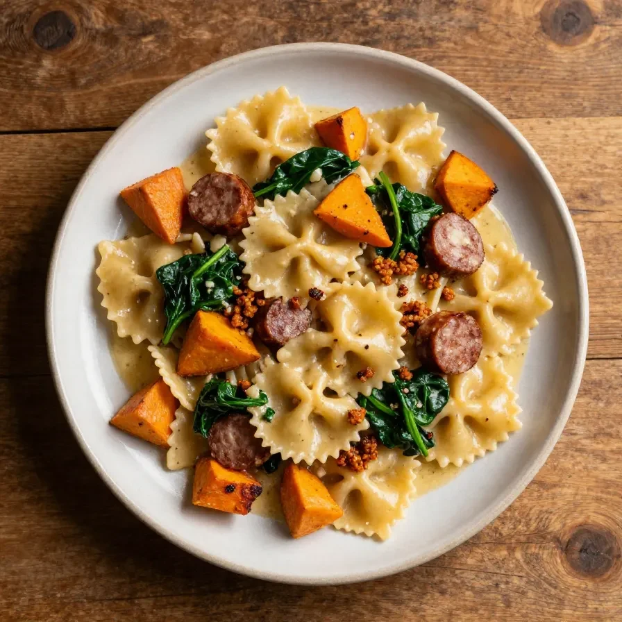 A delicious creamy butternut squash pasta dish topped with sausage and fresh spinach