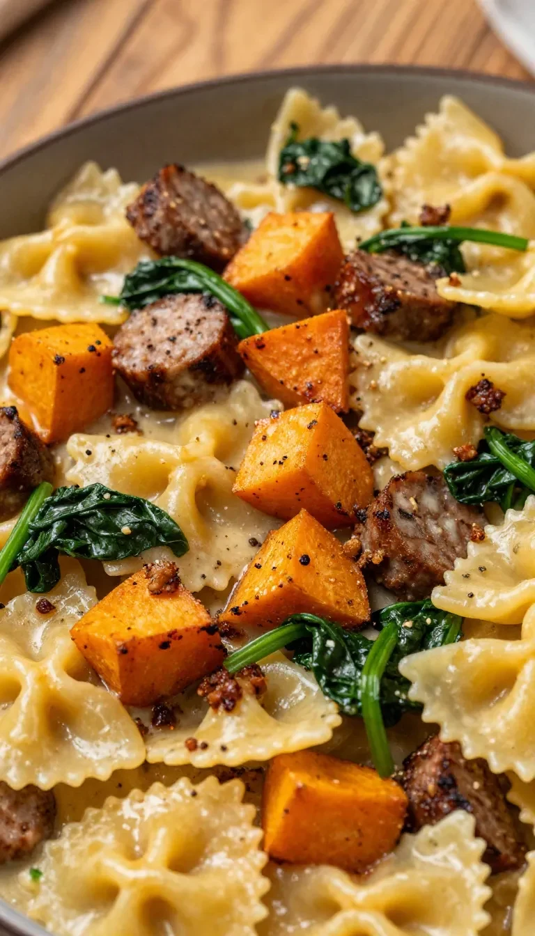 A delicious creamy butternut squash pasta dish topped with sausage and fresh spinach