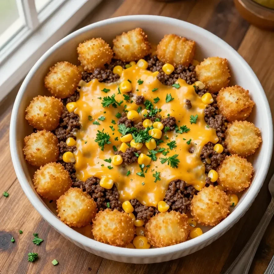 A delicious cowboy casserole topped with melted cheese and crispy bacon.