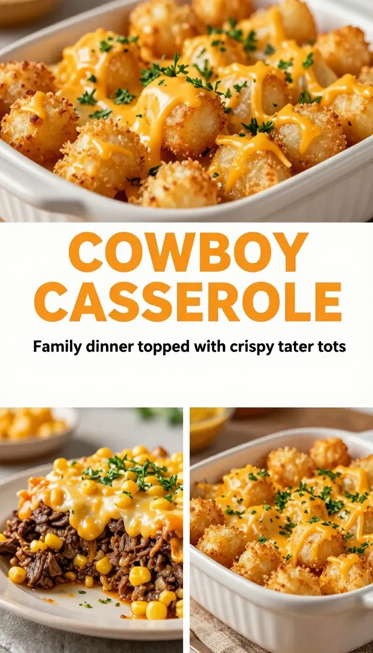 A delicious cowboy casserole topped with melted cheese and crispy bacon.