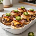 A plate of delicious cowboy sliders topped with barbecue sauce and pickles