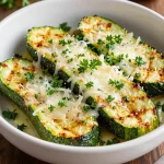 A close-up of garlic parmesan roasted zucchini slices arranged on a baking tray.