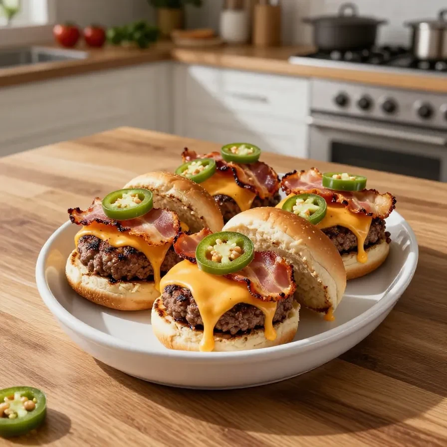 A plate of delicious cowboy sliders topped with barbecue sauce and pickles