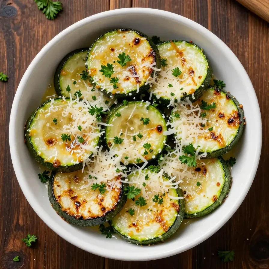 A close-up of garlic parmesan roasted zucchini slices arranged on a baking tray.