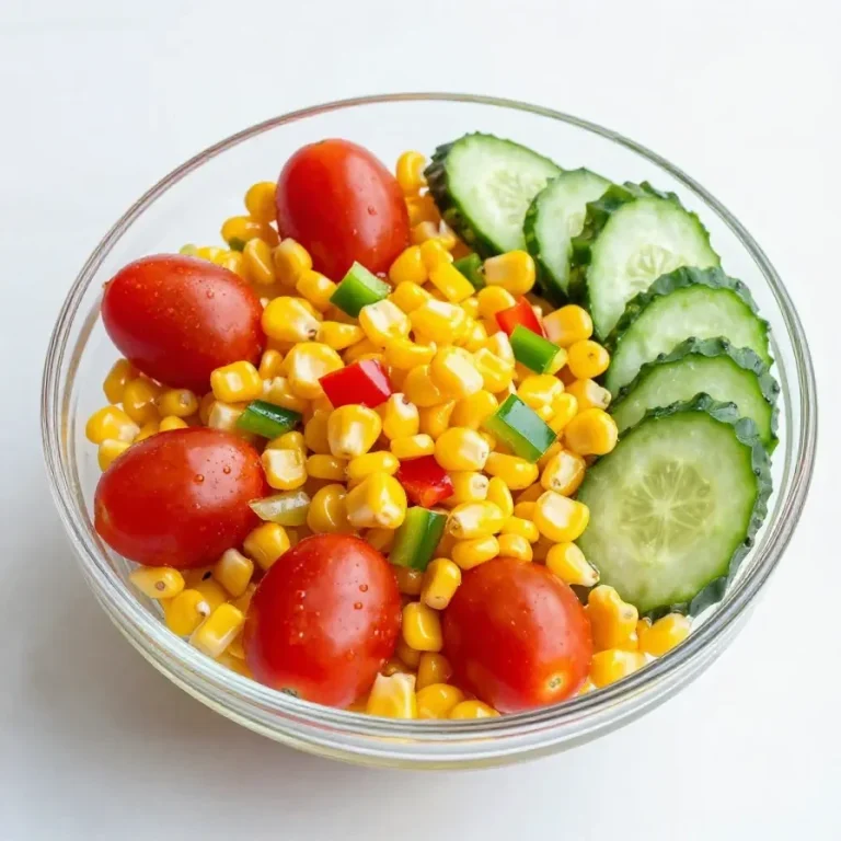 A vibrant bowl of fresh corn salad with tomatoes, cucumbers, and parsley.