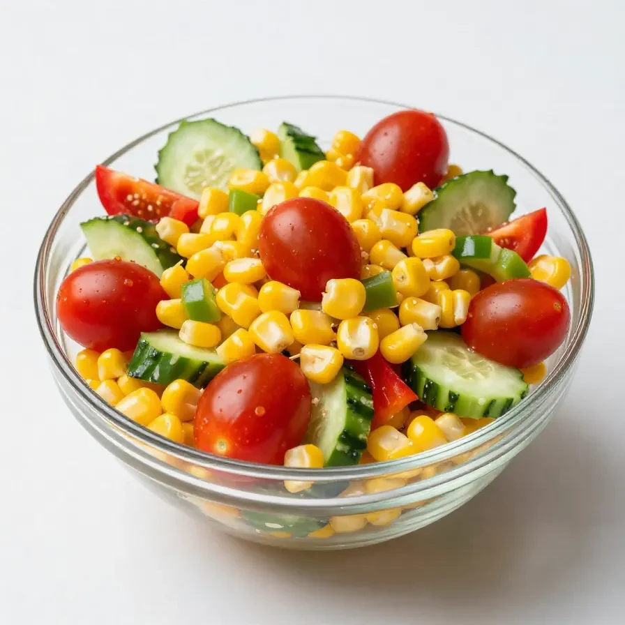 A vibrant bowl of fresh corn salad with tomatoes, cucumbers, and parsley.
