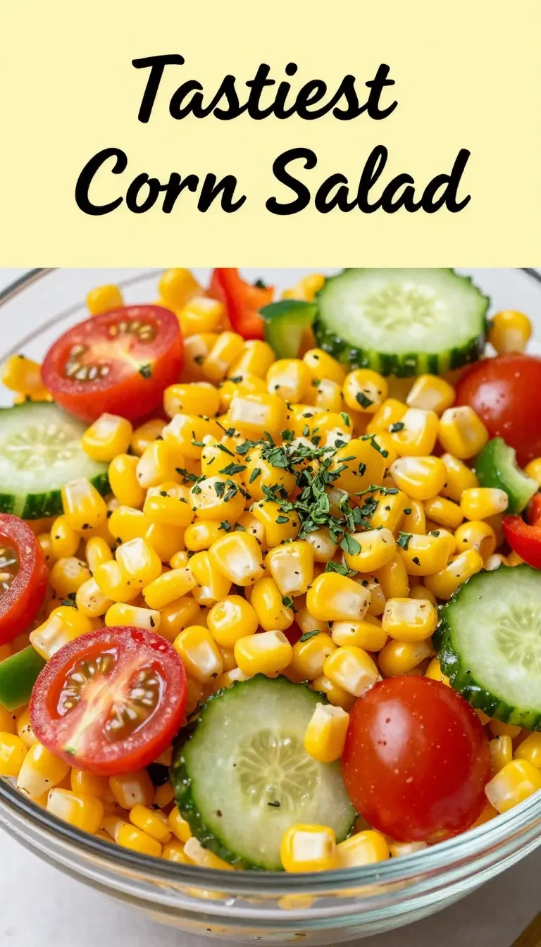 A vibrant bowl of fresh corn salad with tomatoes, cucumbers, and parsley.