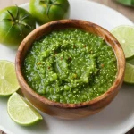 A bowl of vibrant hatch green chile salsa verde with fresh cilantro and lime wedges