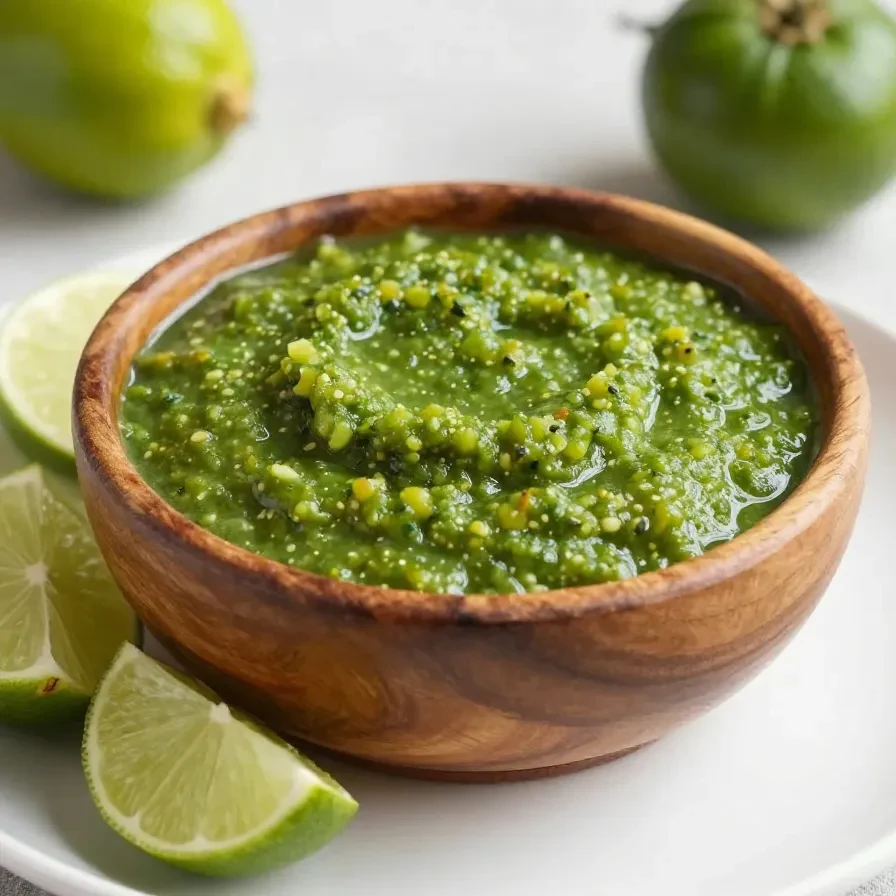 A bowl of vibrant hatch green chile salsa verde with fresh cilantro and lime wedges