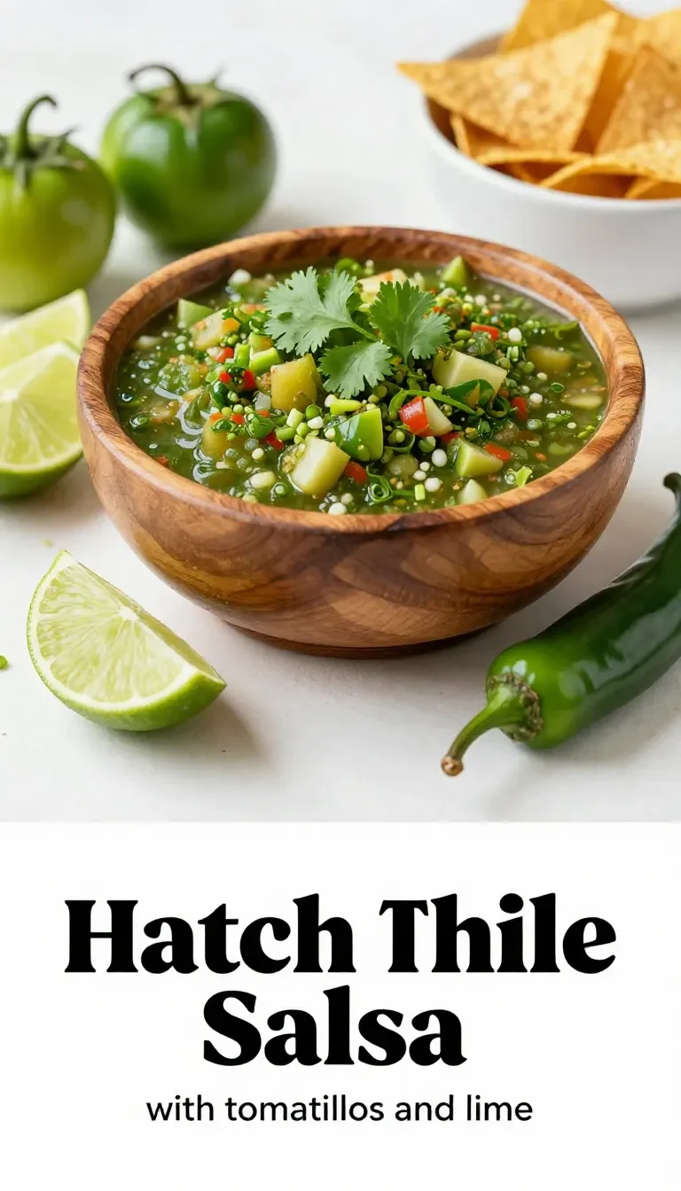 A bowl of vibrant hatch green chile salsa verde with fresh cilantro and lime wedges