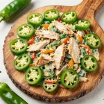 A bowl of Hatch Chile Chicken Salad topped with fresh cilantro and lime slices