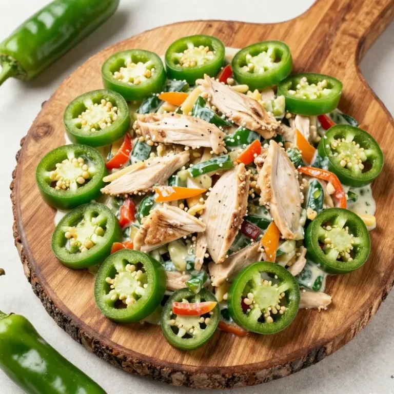 A bowl of Hatch Chile Chicken Salad topped with fresh cilantro and lime slices