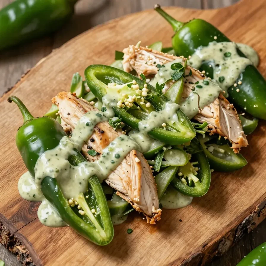 A bowl of Hatch Chile Chicken Salad topped with fresh cilantro and lime slices