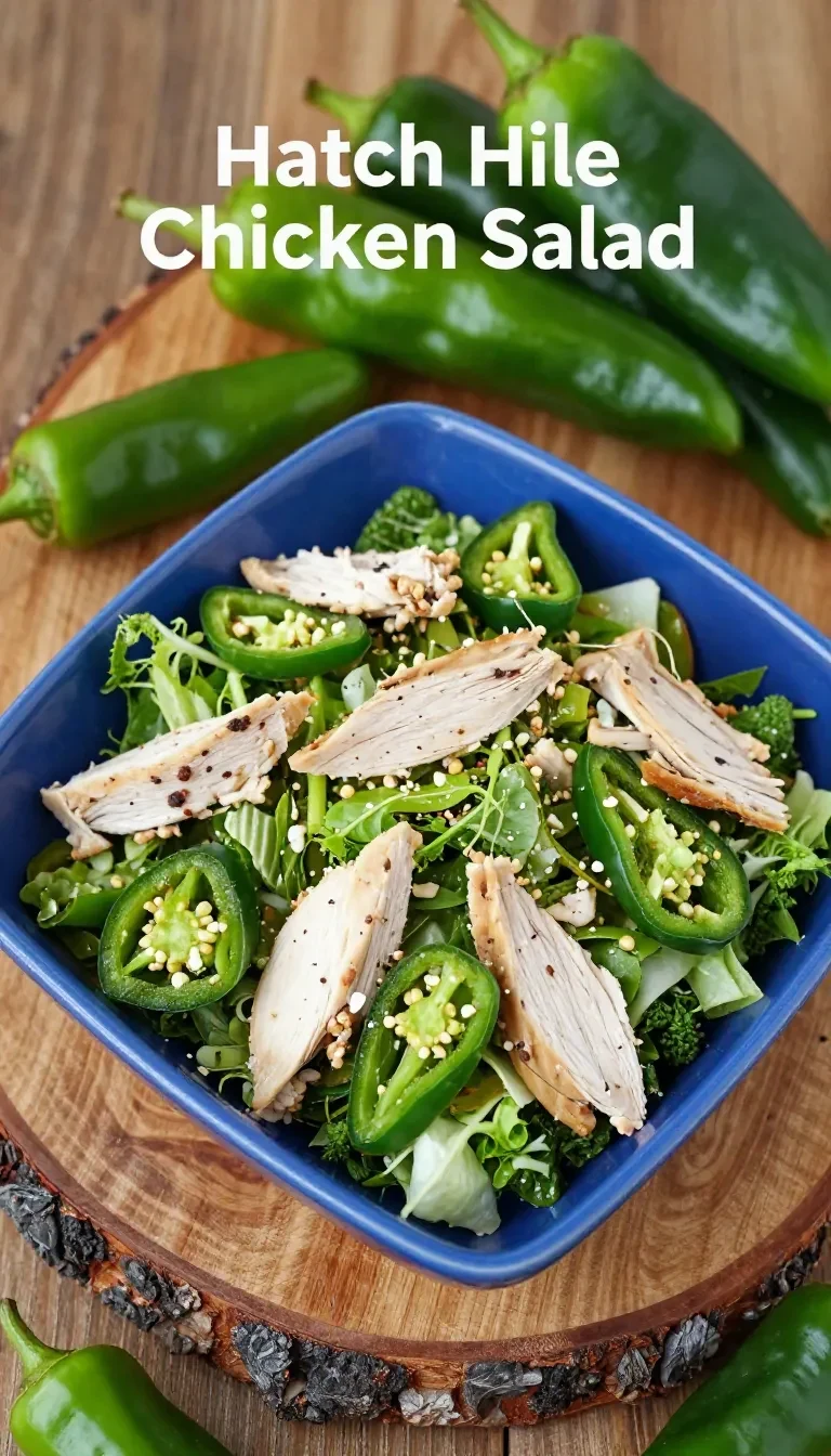 A bowl of Hatch Chile Chicken Salad topped with fresh cilantro and lime slices