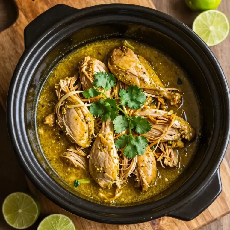 Green Chili Chicken A plate of green chili chicken garnished with fresh cilantro and lime wedges