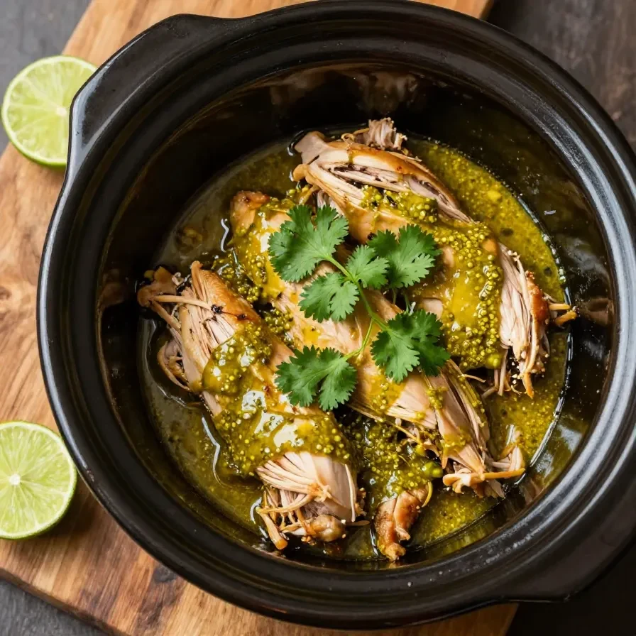 A plate of green chili chicken garnished with fresh cilantro and lime wedges