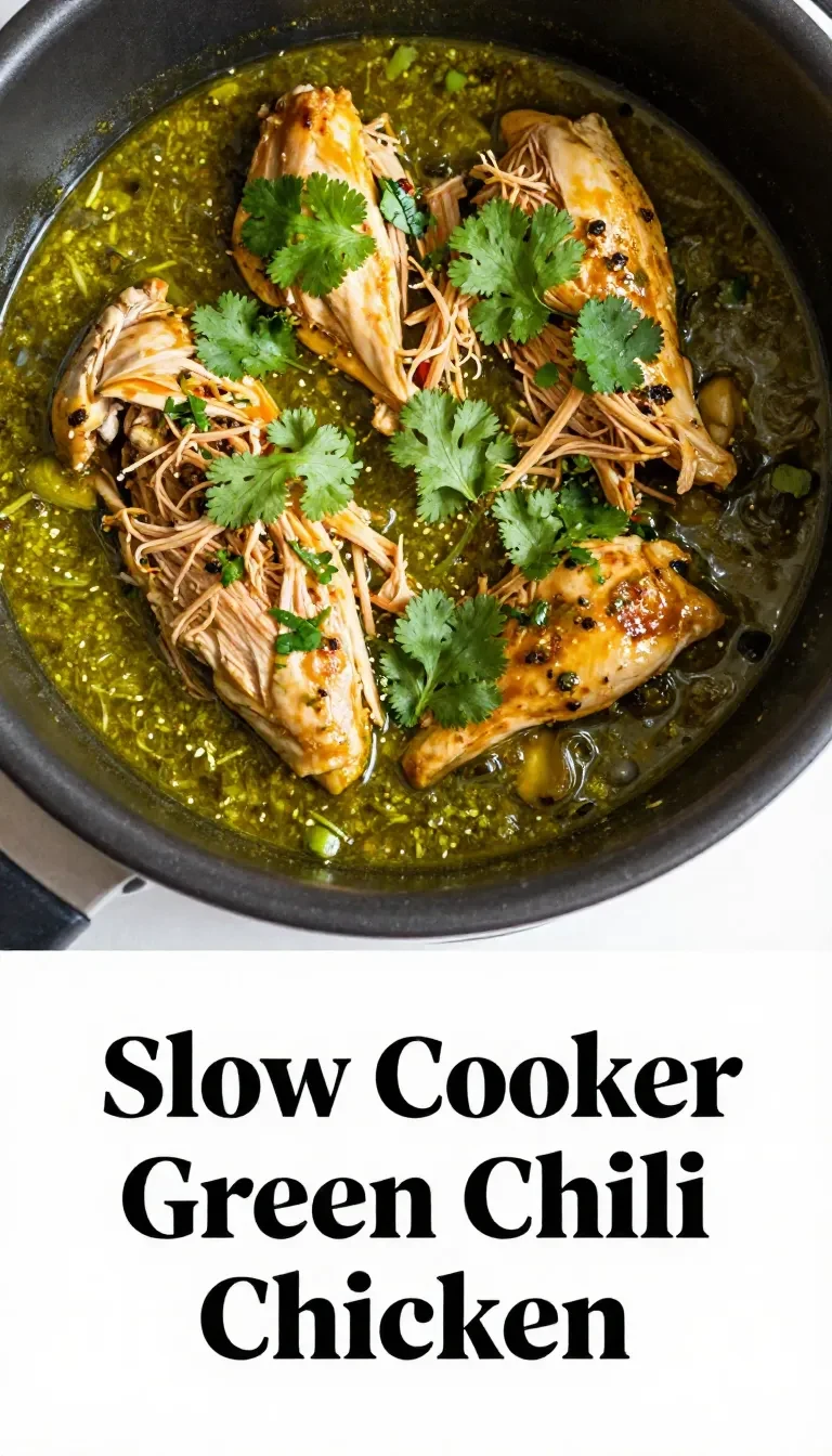 A plate of green chili chicken garnished with fresh cilantro and lime wedges