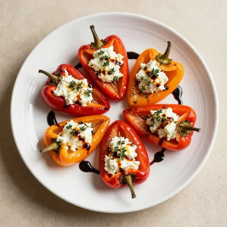 Goat Cheese Stuffed Mini Peppers Colorful mini peppers stuffed with creamy goat cheese on a wooden platter