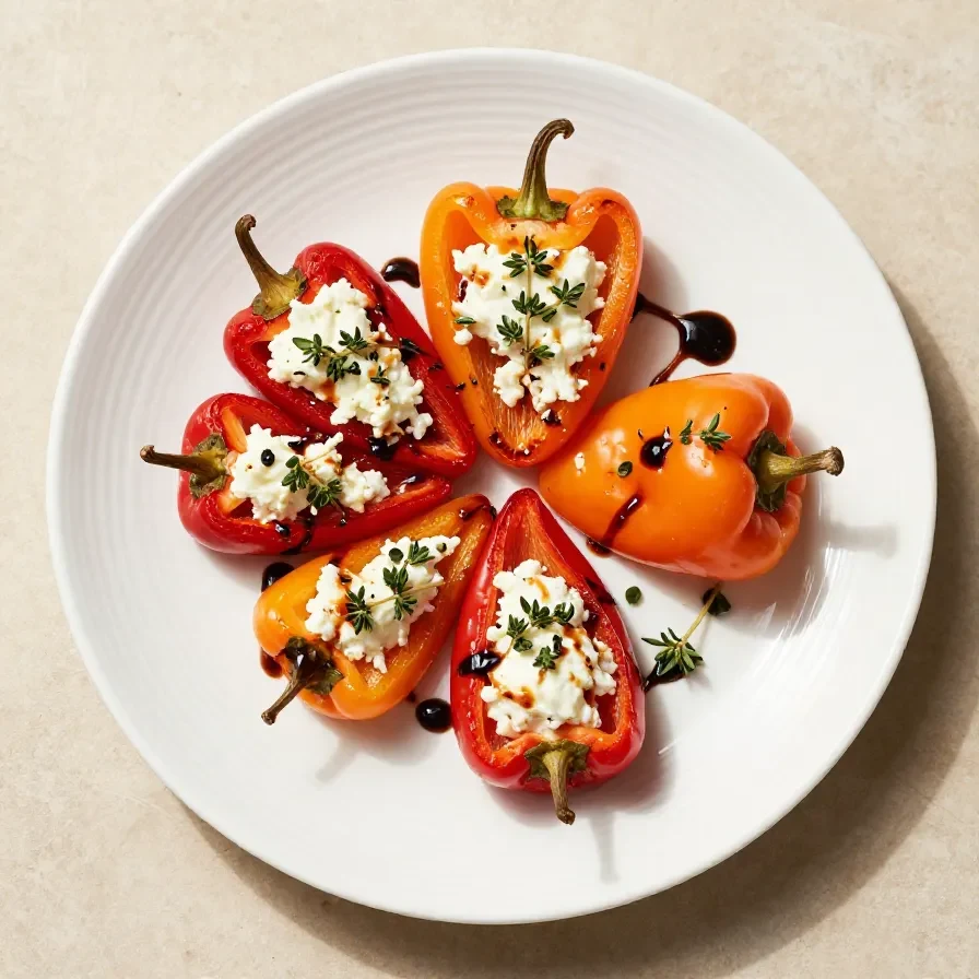 Colorful mini peppers stuffed with creamy goat cheese on a wooden platter