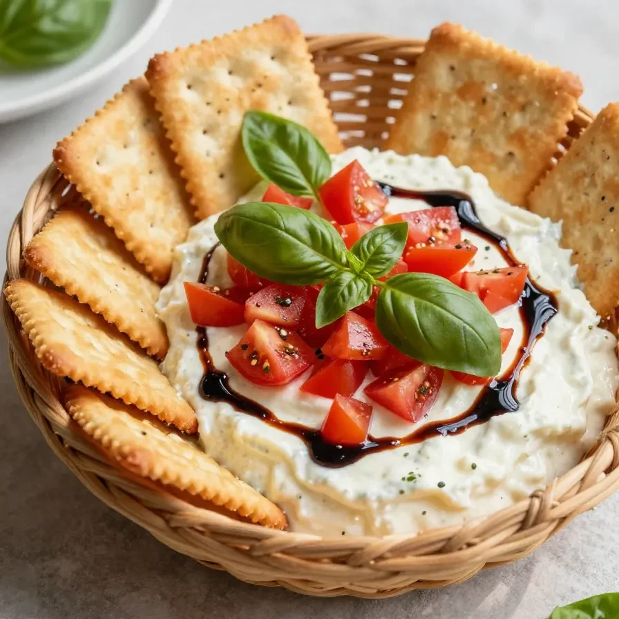 A bowl of bruschetta dip garnished with fresh basil and served with crispy bread slices