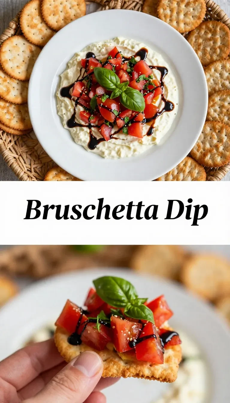 A bowl of bruschetta dip garnished with fresh basil and served with crispy bread slices
