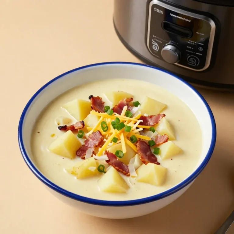 A creamy bowl of crock pot potato soup garnished with green onions and crispy bacon