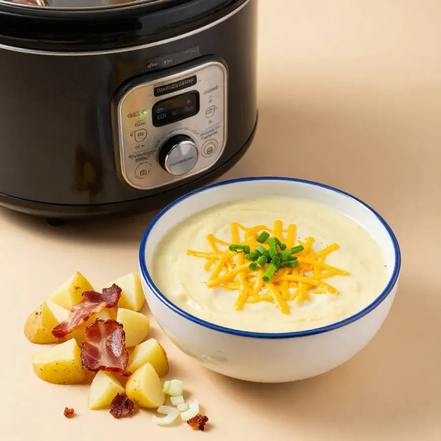 A creamy bowl of crock pot potato soup garnished with green onions and crispy bacon