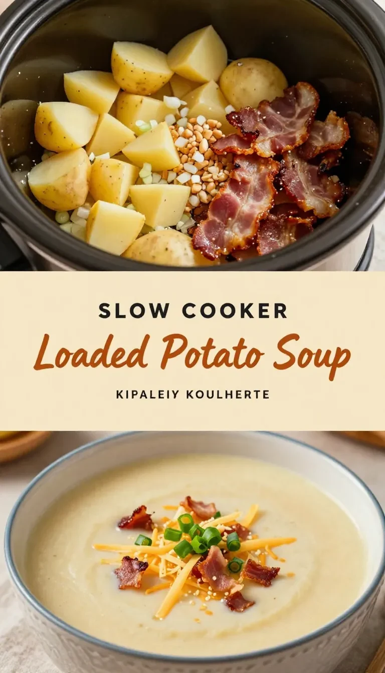 A creamy bowl of crock pot potato soup garnished with green onions and crispy bacon