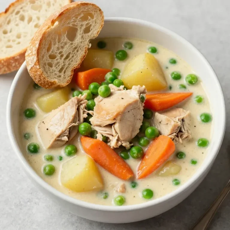 A hearty slow cooker chicken stew with carrots, potatoes, and herbs