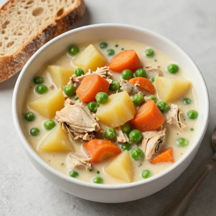 A hearty slow cooker chicken stew with carrots, potatoes, and herbs